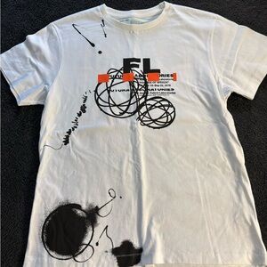 Off-White White Graphic Tee with Black and Orange Accents